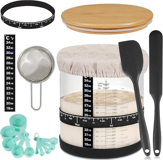 Large Sourdough Starter Jar 66 oz,Sourdough Starter Kit Wide Mouth with Ounce&ML Scale Line,Date Marked Feeding Band, Thermometer, Sourdough Jar Scraper, Cloth Cover & Bamboo Wood Lid (BLACK-66OZ/2L)
