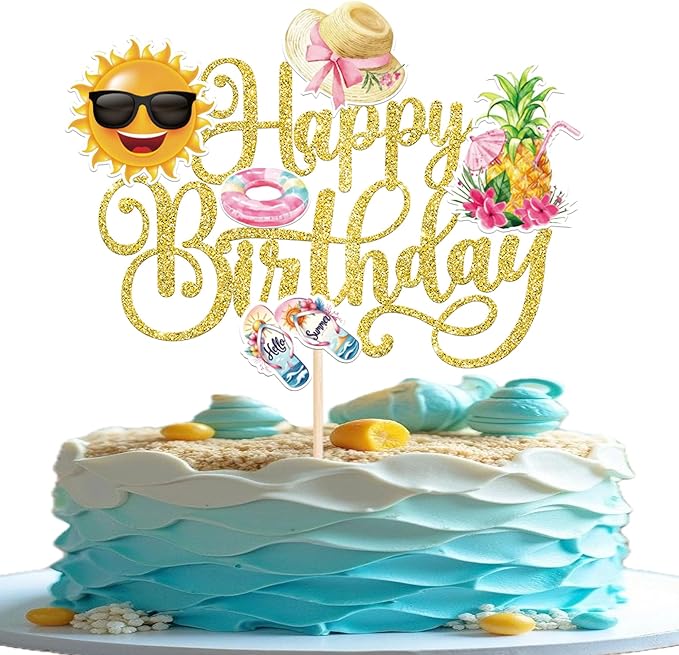 1 PCS Summer Beach Happy Birthday Cake Topper Sun Flip-Flops Pineapple Flatator Hat Cake Pick Pool Party Cake Decorations for Tropical Hawaii Luau Theme Baby Shower Birthday Party Supplies Gold