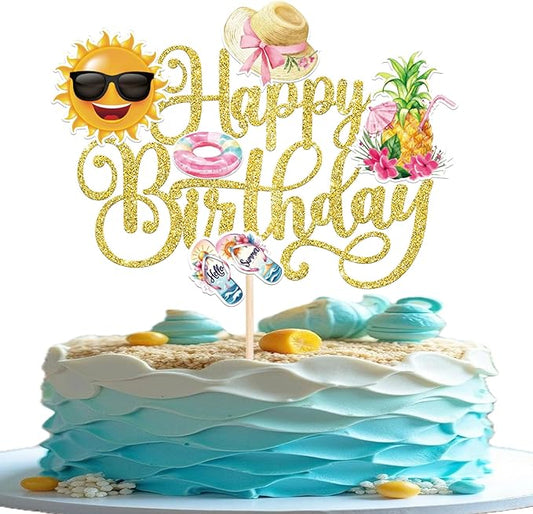 1 PCS Summer Beach Happy Birthday Cake Topper Sun Flip-Flops Pineapple Flatator Hat Cake Pick Pool Party Cake Decorations for Tropical Hawaii Luau Theme Baby Shower Birthday Party Supplies Gold