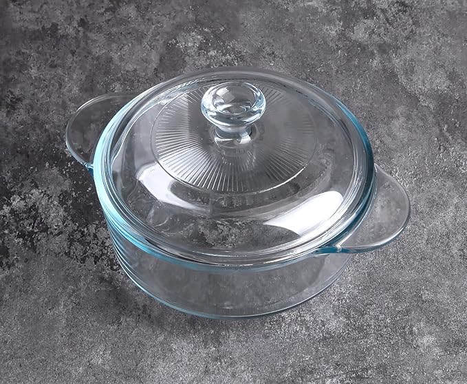 Clear Round Glass Casserole with Lid, Baking Dish with Glass Cover, Glass Casserole for Oven, Freezer and Dishwasher Safe (1-Quart Round)