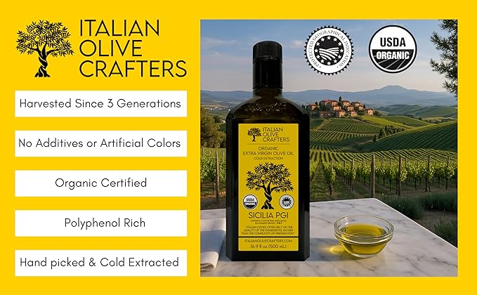 Italian Olive Crafters, Polyphenol Rich Organic Extra Virgin Olive Oil, 16.9 fl oz - Organic Olive Oil Extra Virgin Cold Pressed Glass Bottle