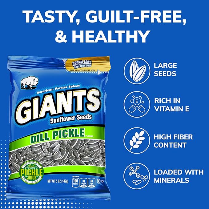 GIANTS Dill Pickle Sunflower Seeds - Sunflower Seeds Bulk, Big Sunflower Seeds to Eat, Roasted Pickle Sunflower Seeds, 8g Protein Per Serving - 5 oz Resealable Bags (Pack of 12)