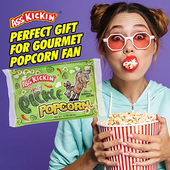 ASS KICKIN' Spicy Pickle Microwave Popcorn Bags - 12 Pack - Ultimate Spicy Pickle Gourmet Popcorn Gift - Makes a Great Movie Theater Popcorn or Snack Food for Movie Night (12)