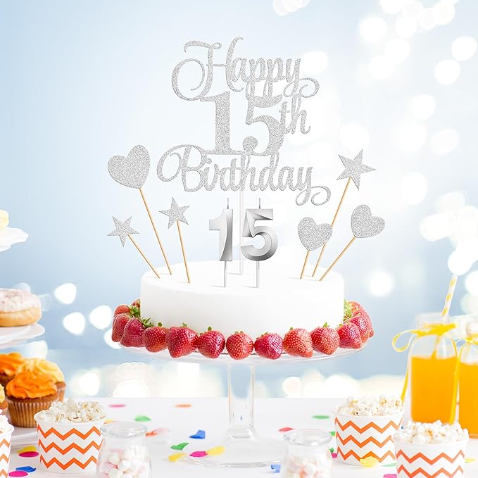 15th Birthday Cake Decorations, 15th Birthday Candles Cake Numeral Candles and Glitter Happy 15th Birthday Cake Toppers Set for Birthday Party Supplies (Silver)