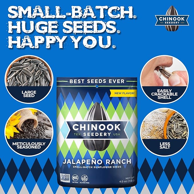 Chinook Seedery Roasted Jumbo Sunflower Seeds - Keto Snacks, Gluten-Free, Non-GMO, Jalapeno Ranch 4 oz (12-Pack)