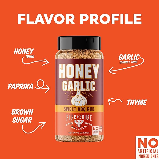 Fire & Smoke Society Honey Garlic BBQ Rub | Seasonings for Smoking and Grilling | Pulled Pork Ribs Chicken, Burgers, Dry Rubs and Spices | Honey Garlic, Brown | Large (2-Pack)