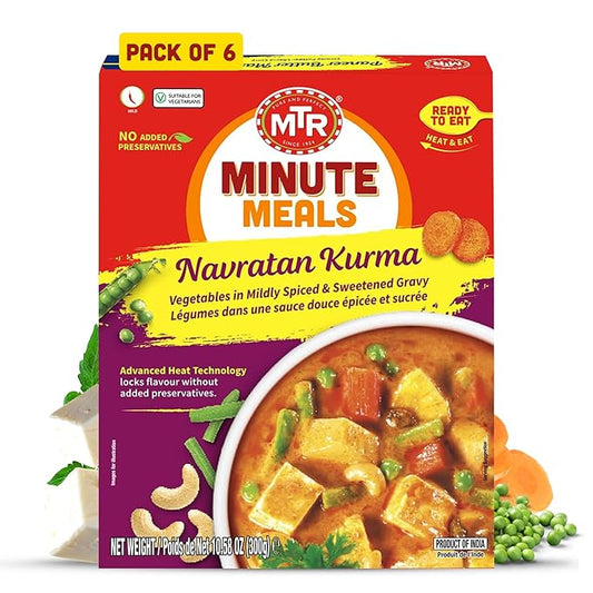 MTR - Minute Meals: Navratan Kurma - Vegetables in Mildly Spiced & Sweetened Gravy - Tasty Indian Meal with No Added Preservatives - Suitable for Vegetarians, Ready in Minutes! (Pack of 6)