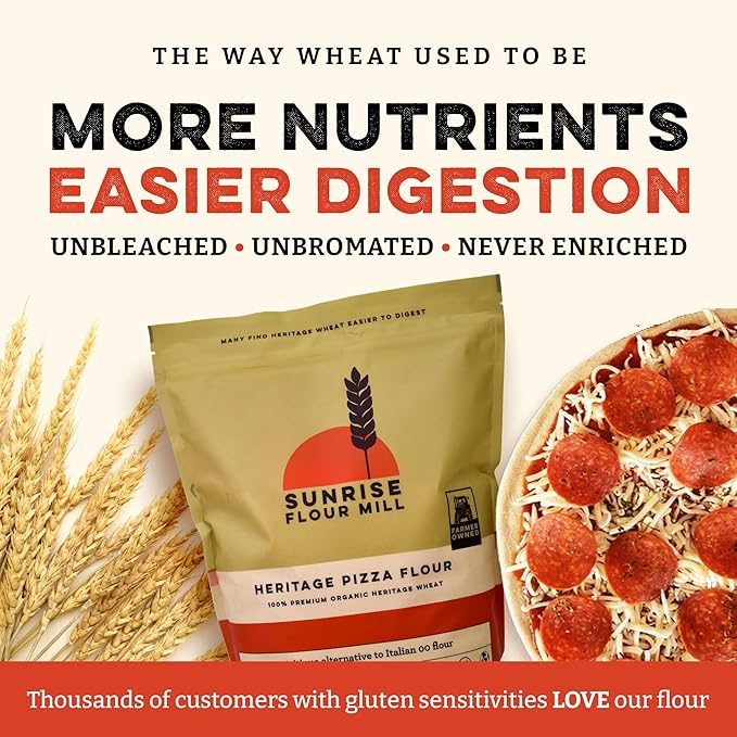 Sunrise Flour Mill USDA Organic Heritage Pizza Flour - 2 lbs | Organic Milled Flour from Hard Red Wheat | Easier to Digest with Less Bloating | No Bleaching or Bromating | Zero Additives