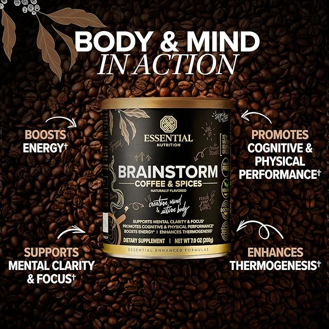 Essential Nutrition Brainstorm - Functional Coffee and Spices Supplement - Focus, clarity and energy boost - Keto friendly - Sugar Free - 7.0 oz (20 Servings)