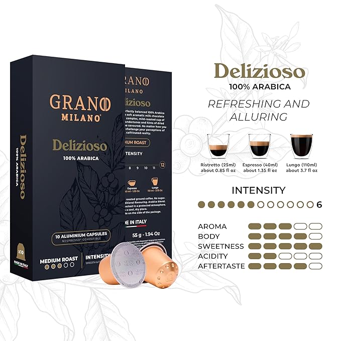 Grano Milano Delizioso Coffee Capsules - 100 Aluminum Coffee Pods Compatible with Nespresso Original line,100% Arabica Medium Roast - Intensity 6/12, Made in Italy
