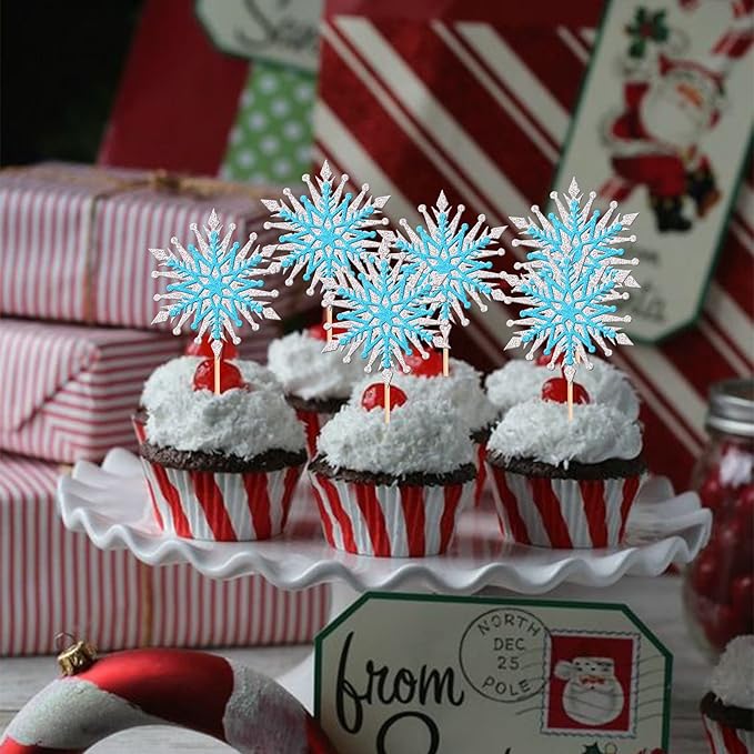 24 PCS Snowflake Cupcake Toppers Assemble Glitter Double Layers Winter Snowflake Cupcake Picks for Winter Wonderland Baby Shower Birthday Merry Christmas Party Cake Decorations Supplies