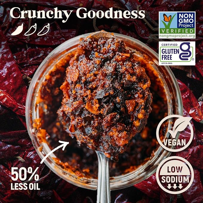 Homiah Sambal Chili Crunch, 6oz - Less Oil Low Sodium Gluten Free Vegan, Sambal Oelek Chili Paste, Crispy Chili Crunch Topping with Seaweed - Mild