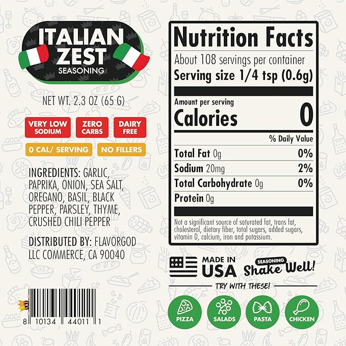 Italian Zest Seasoning Mix by Flavor God - Premium All Natural & Healthy Spice Blend for Salad, Pasta, Chicken & Seafood - Kosher, Low Sodium, Dairy-Free, Vegan & Keto Friendly - Great Flavor Spices and Seasoning Gift