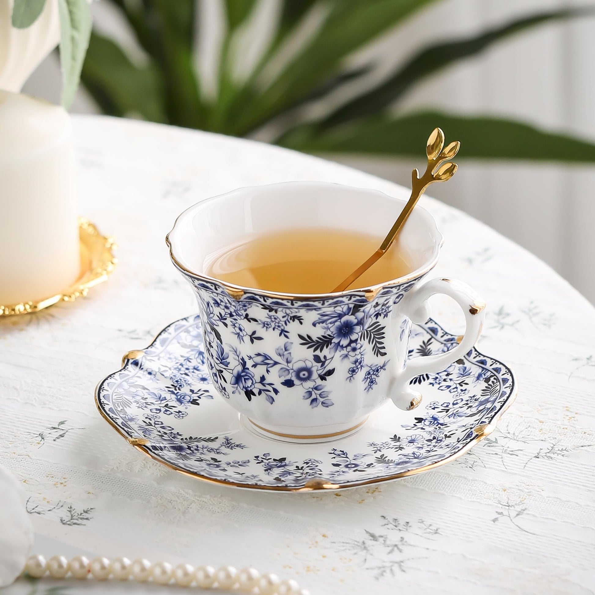 TATSUMI Country Roses Bone China Tea Cup and Saucer Set, 6 Pieces, Vintage Style, For Women and Tea