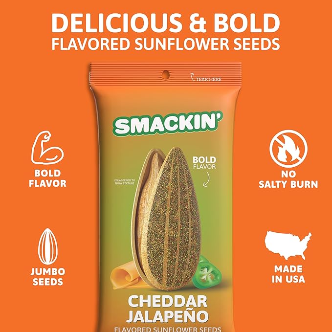 SMACKIN' Sunflower Seeds, Roasted Jumbo Small-Batch, American Made - Cheddar Jalapeño. 1.5oz bags (36 Pack)