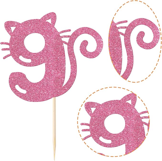 1 Pack Cat Cake Topper 8th Birthday Cake Pick Glitter Cute Pet Cat Cake Decoration for Baby Shower Kids Eight Birthday Wedding Party Cake Decorations Supplies Pink