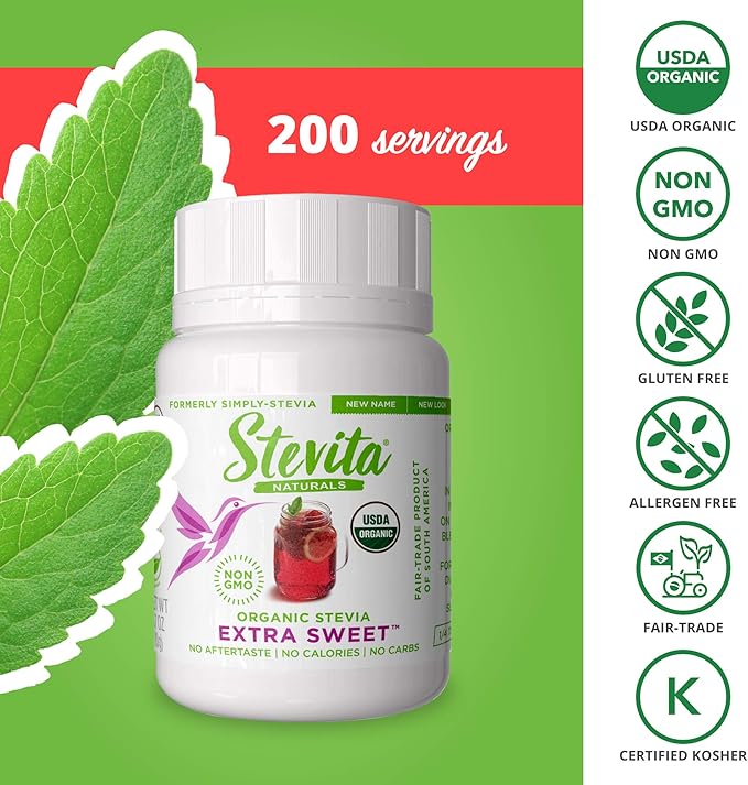 Stevita Organic Stevia Extra Sweet - 0.7 oz Powder - All-Natural, No Calorie Sweetener - USDA Organic, Non-GMO, Vegan, Kosher, Keto, Paleo, Gluten Free - 2000 Servings