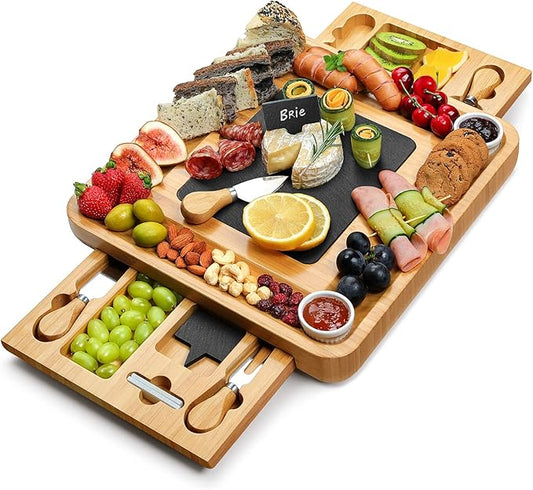 Easoger Large Bamboo Charcuterie Boards, Cheese Platter with 2 Drawers, Serving Knife, 2 Ceramic Bowl - Unique Housewarming, Wedding and Bridal Gift