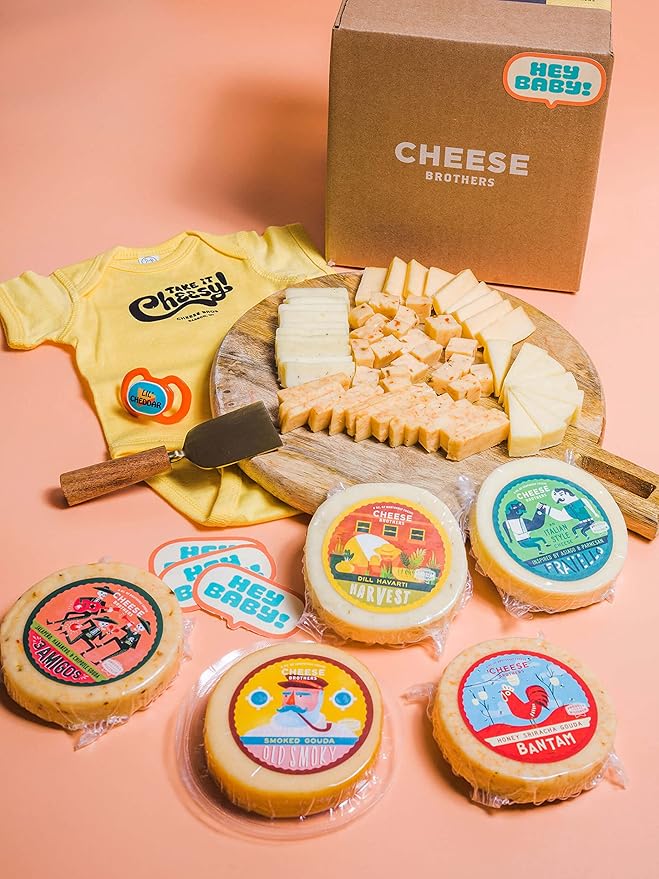 Cheese Bros. Welcome New Baby Gift Box | Fresh from Wisconsin | Includes Italian Fratello, Honey Sriracha Gouda, Smoked Gouda, Smoked 3 Amigos Spicy Gouda and Dill Havarti | Great Food Gifting Idea!