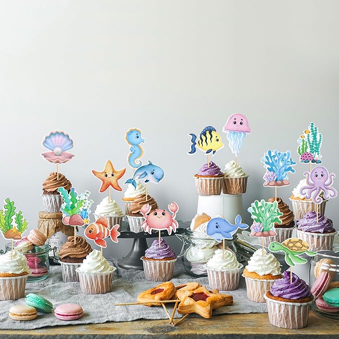 18 Pcs Ocean Cupcake Toppers - Ocean Theme Party Decorations Sea Animals Dolphin Whale Turtle Octopu Weaweed Party Cake Picks for Kids Under the Sea Baby Shower Birthday Party Supplies