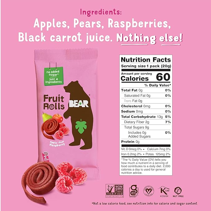 BEAR Real Fruit Snack Rolls - Gluten Free, Vegan, and Non-GMO - Raspberry ??36 Rolls, Healthy School And Lunch Snacks For Kids And Adults, 0.7 Ounce (Pack of 18)