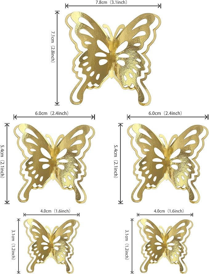 40 PCS Gold Lively 3D Butterfly Cupcake Toppers Mixed Size Hollow Art Butterfly Cupcake Topper Baby Shower Wedding Anniversary Birthday Party Cake Wall Decorations Supplies