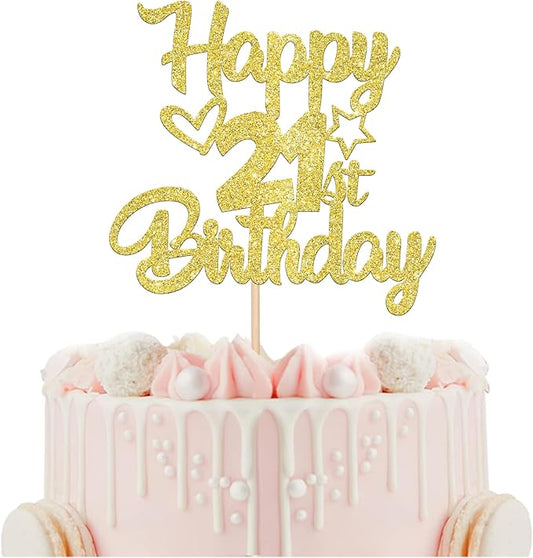 1 Pack Happy 21st Birthday Cake Topper - Glitter Heart Star 21 Fabulous Cake Pick - Black