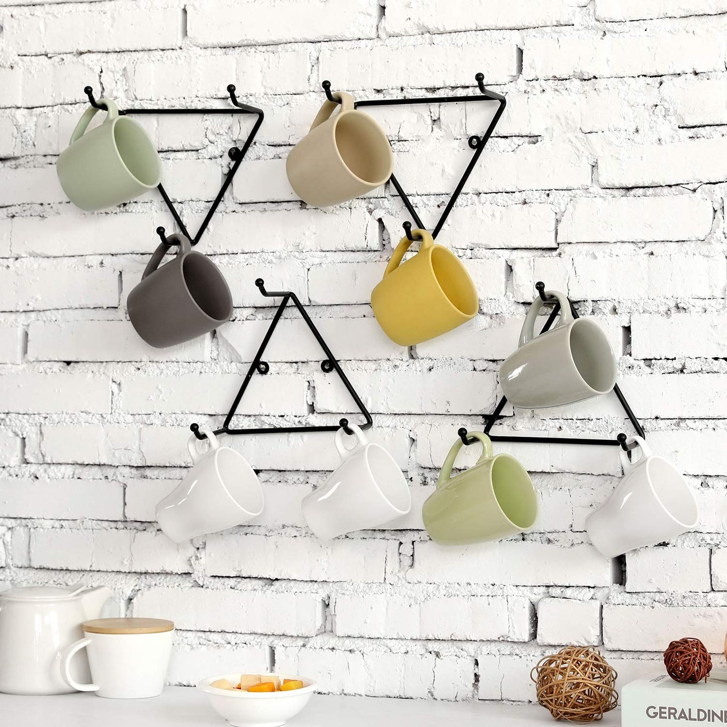 MyGift Matte Black Metal Triangular Coffee Mug Holder Wall Mount Display Rack Mug Organizer with 3