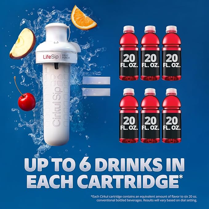 Cirkul 22oz. BPA-Free Plastic Water Bottle Starter Kit with Blue Lid, 3 Flavor Cartridges (1 LifeSip Fruit Punch, 1 FitSip Mixed Berry, 1 GoSip Black Cherry) Zero Calories and No Sugar