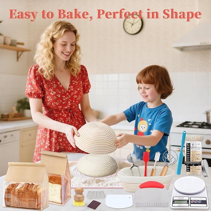 Aliggbent 38Pcs Sourdough Bread Baking Supplies, 10'' Round & Oval Banneton Bread Proofing Baskets with 24 oz Sourdough Starter Jar Kit, Digital Scale, Bags ï¼?Bread Making Tools Kit for Artisan Baking