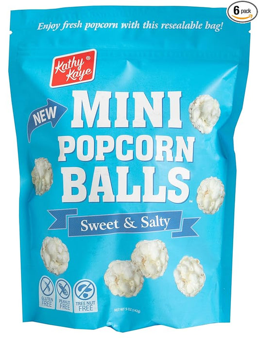 Kathy Kaye Mini Popcorn Balls | Sweet & Salty Bite-Sized Snacks | Light, Crisp & Delicious | 6-Pack of 5 oz. Bags | Perfect for Parties, Lunches, Concessions & Goody Bags | Classic Flavor, Mini Size Fun!