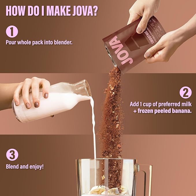 JOVA Double Chocolate Superfood Smoothie | 25g Protein, 11g Fiber, 2g Sugar | Delicious Whole Food Blend: Oats, Cacao, Cashews, Collagen & Chia Seed (Ready in 1 Minute), Single Serve