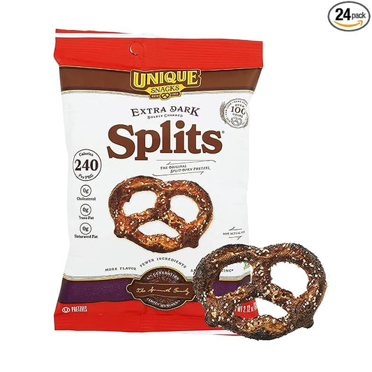 Unique Snacks Extra Dark Splits Pretzels, Original Split-Open Pretzels, Delicious Homestyle Baked Snack Bag, Vegan, OU Kosher, and Non-GMO Food, No Artificial Flavor, 2.12 Oz. Bag, Pack of 24