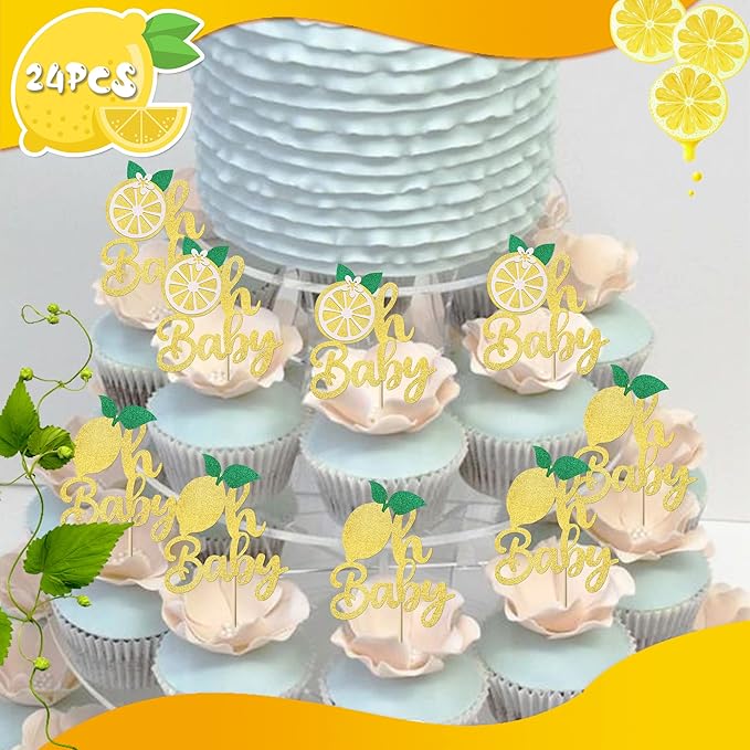 24 Pack Lemon Oh Baby Cupcake Toppers Glitter Baby Shower Cupcake Picks Summer Lemon Fruit Cake Decorations for Kids Birthday Theme Baby Shower Party Supplies