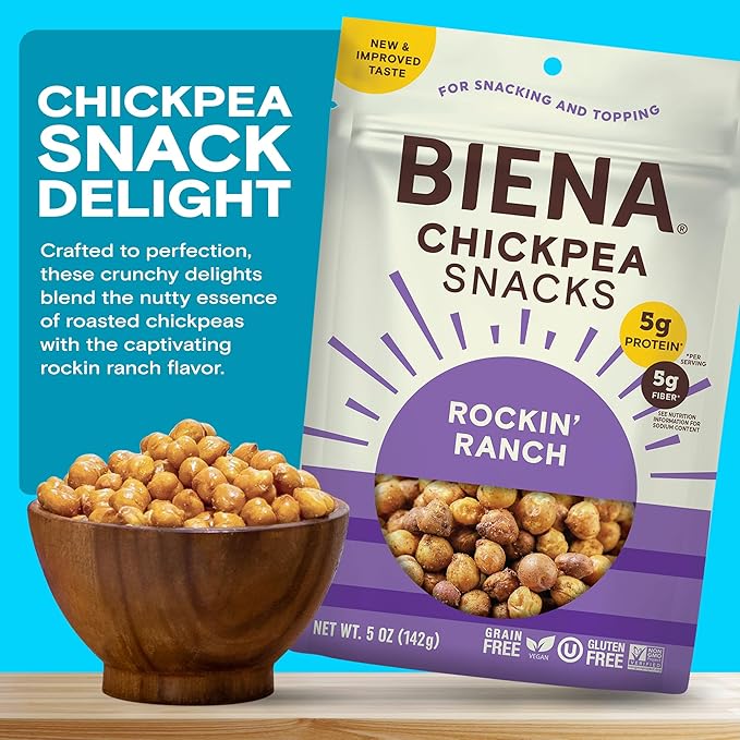 BIENA Chickpea Snacks - Crunchy Roasted Chickpeas - High Fiber Vegan Protein Snacks for Adults and Kids - 8-Pack, 5 Ounce Bags - Rockin??Ranch
