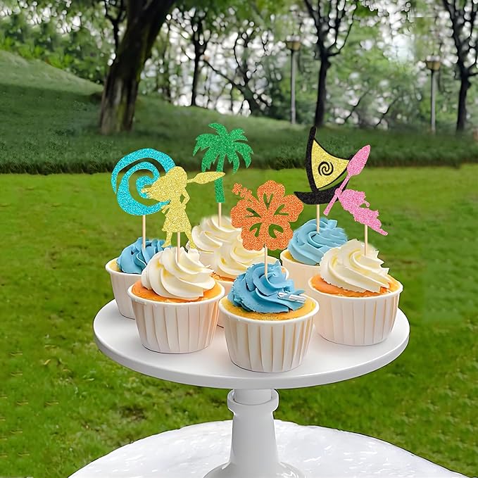 24Pcs Mo Inspired Birthday Cupcake Toppers Glitter Palm Leaf Flower Moana Cupcake Pick Decorations for Tropical Hawaiian Luau Theme Baby Shower Birthday Party Supplies