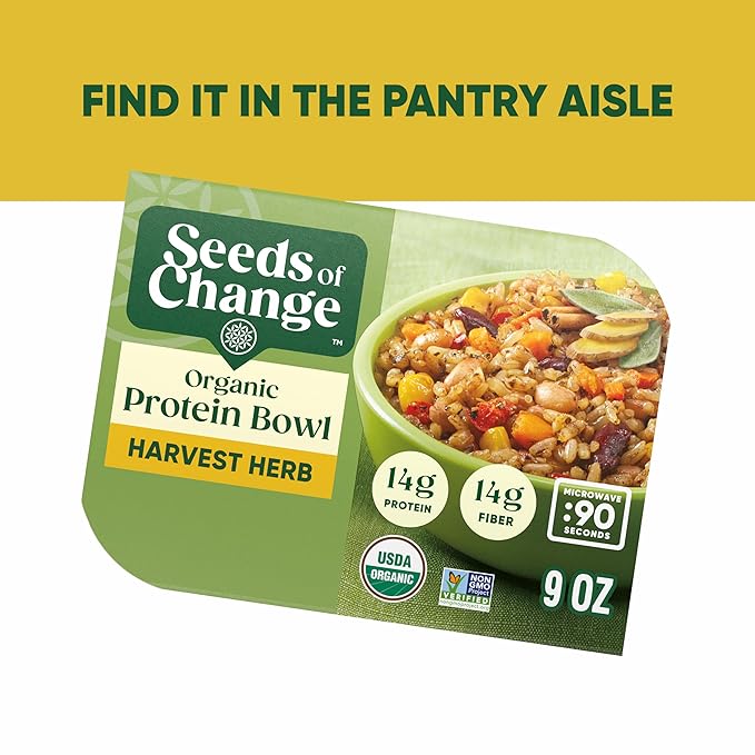 SEEDS OF CHANGE Organic Protein Bowl Harvest Herb, Prepared Entr챕e, Microwave in 90 Seconds, 9 oz (Pack of 6)
