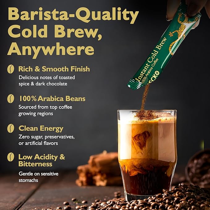 Gecko Coffee Instant Cold Brew, Craft Instant Coffee Sticks, 100% Arabica Medium-Dark Roast, Coffee Singles Packets, Smooth & Rich, Hot or Iced, Sugar-Free, Eco-Friendly, 25 Count
