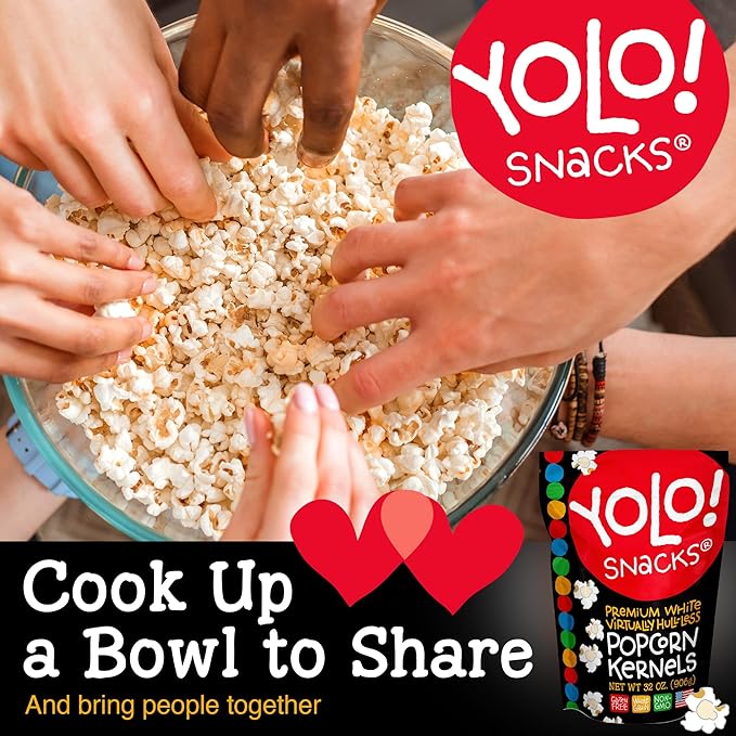YOLO! Gourmet Virtually Hulless Popcorn Kernels, Premium White Butterfly Popping Corn, Non GMO, Gluten Free, Vegan, 32 Oz Resealable Bag (Pack of 1)