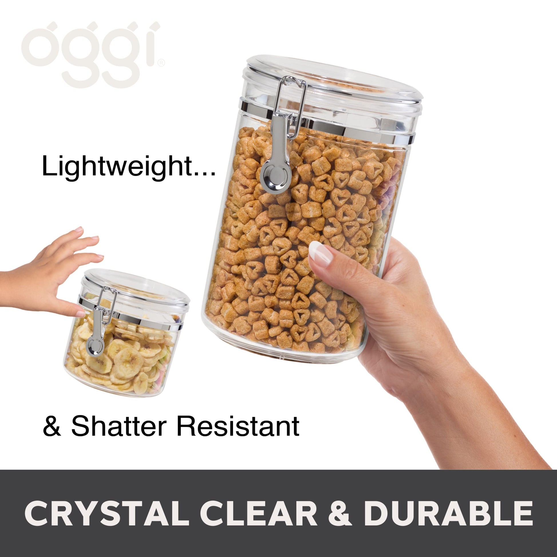 Oggi 4pc Clear Canister Set with Clamp Lids & Spoons - Airtight Food Storage Containers, Ideal for