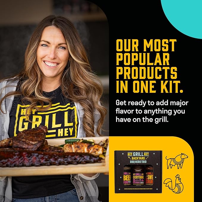 Hey Grill Hey | BBQ Seasoning and Barbeque Sauce Gift Set | Seasoning Set | Beef Rub, Sweet Rub, Everything Barbecue Sauce | Backyard BBQ Hero Trio