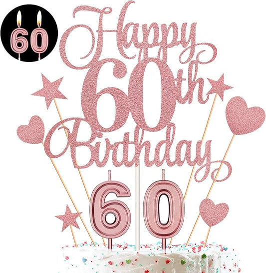 60th Birthday Cake Decorations Set Include 60th Birthday Candles Numeral 60 Cake Candles and Happy 60th Birthday Cake Toppers with Heart Star Cupcake Picks for Birthday Party (Rose Gold Series)