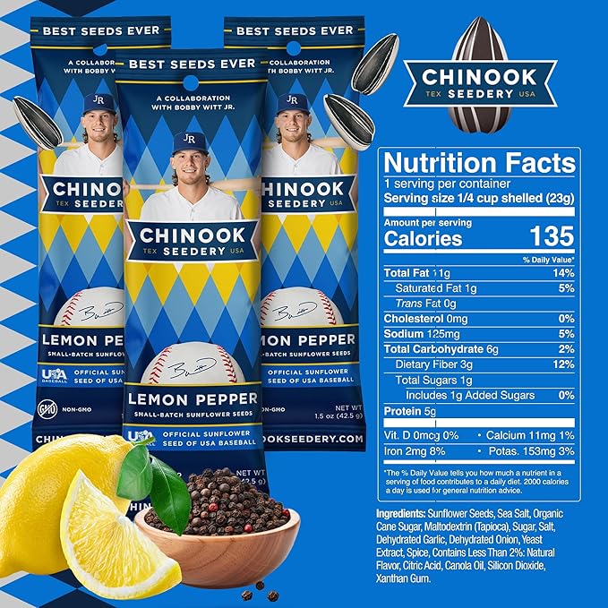 Chinook Seedery Roasted Sunflower Seeds to Eat - 1.5 oz (Pack of 36) Lemon Pepper - Jumbo Low Sodium Sunflower Seeds Keto Snacks - Adventure, Baseball, School Snacks - Gluten Free, Non GMO Snacks