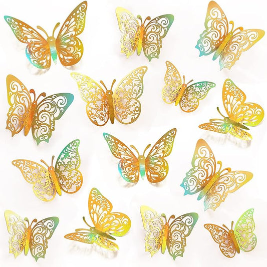 72 Pcs Butterfly Decorations, 3 Sizes 3 Styles, Butterfly Wall Decor, Butterfly Party Decorations, Birthday Decorations, Butterflies for Crafts, Cake Decorating, Wall Stickers Room Decor(Rainbow Gold)