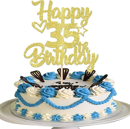1 Pack Happy 35th Birthday Cake Topper Glitter Heart Star 35 Fabulous Cake Pick Birthday Sign Cake Decorations for Children 35th Birthday Theme Party Supplies Gold