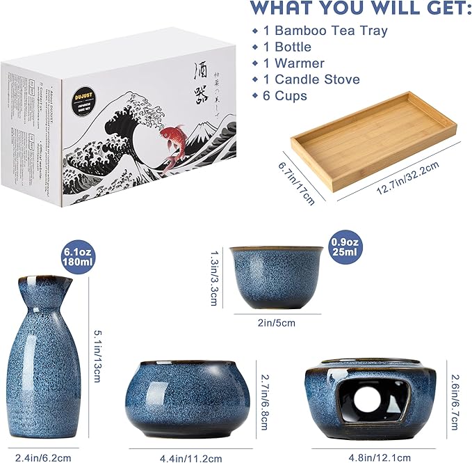 DUJUST 10 pcs Japanese Sake Set with Warmer for 6, Kiln Altered Glaze Porcelain Sake Set, 6 Sake Cups, 1 Sake Bottle, 1 Warmer, 1 Candle Stove, 1 Tray & 1 Box, Warm Sake Carafe, Japanese Gifts - Blue
