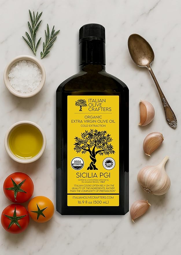Italian Olive Crafters, Polyphenol Rich Organic Extra Virgin Olive Oil, 16.9 fl oz - Organic Olive Oil Extra Virgin Cold Pressed Glass Bottle
