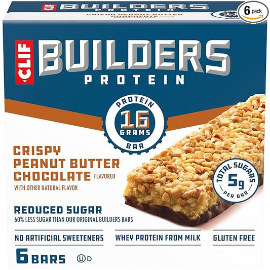 CLIF BUILDERS Protein Bars - Crispy Peanut Butter Chocolate Flavored - Reduced Sugar - Gluten Free - 16g Protein - No Artificial Sweeteners - 1.97 oz. (6 Pack)