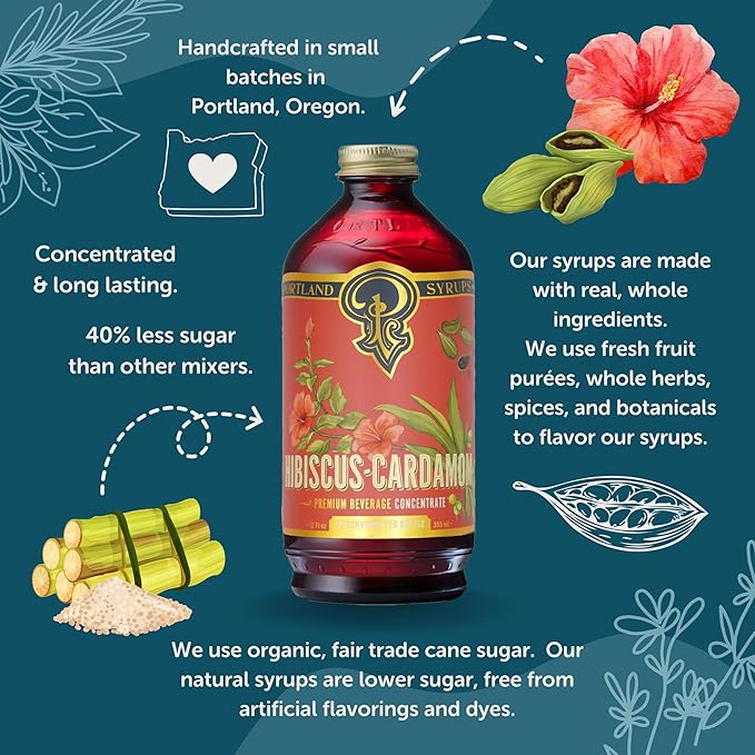 Portland Syrups Hibiscus Cardamom Syrup - Craft Exquisite Cocktails, Mocktails, Tea, Soda, Coffee Drinks, and More - 12 oz with 12 Servings (Pack of 2)