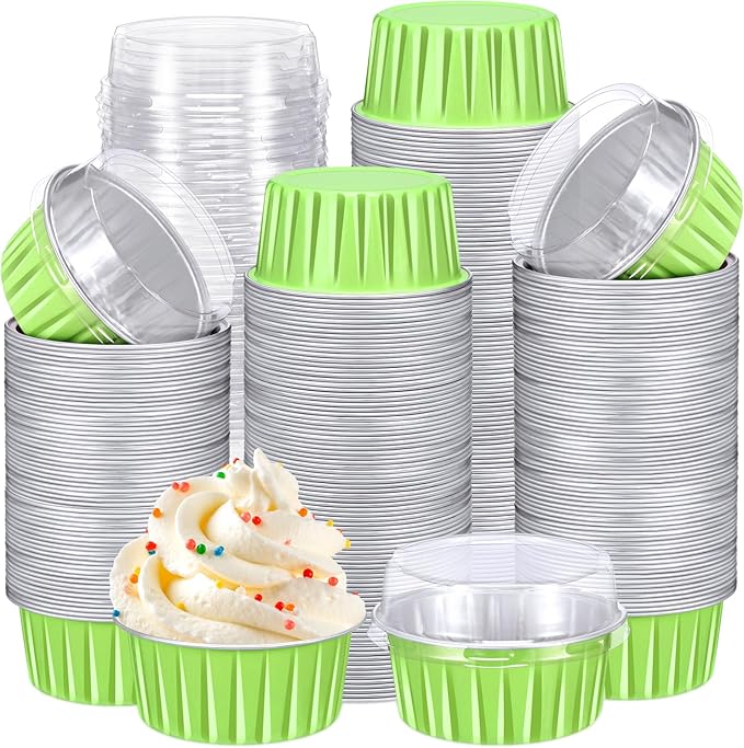 Gejoy 400 Pcs Aluminum Foil Baking Cups with Lids 5 oz Disposable Ramekins Mini Cake Pans Creme Brulee Cupcake Liners Muffin Tins Flan Mold Dessert Container for Wedding(Green,Classic)